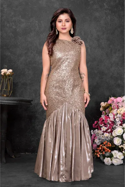 Girls Gold Sequins Embellished Mermaid Gown